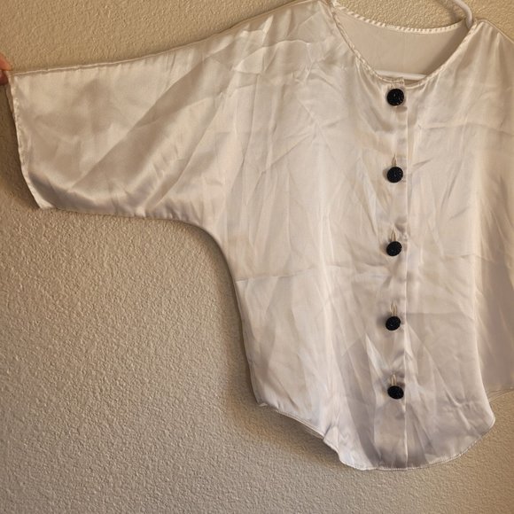 Short Sleeve White Satin Button Down Top - Picture 2 of 4